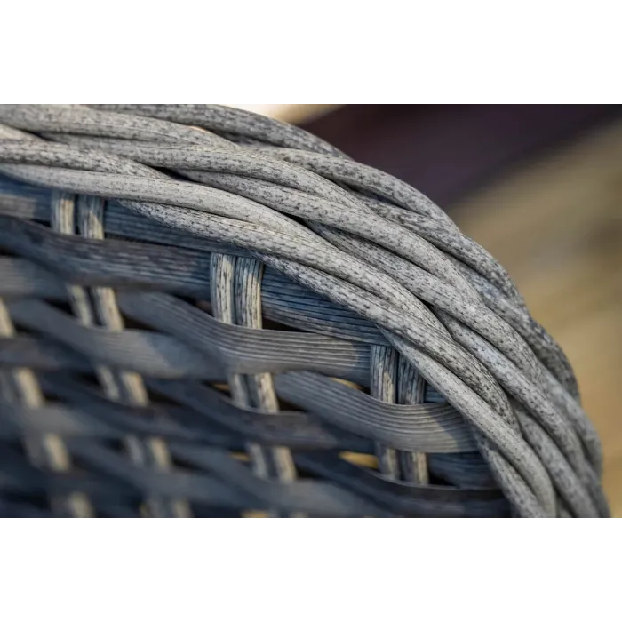 SH&G Tintagel 6 Seat Dining Table Set - 7 Piece Round Table & Chairs - Aluminium & Grey Rattan with Light Grey Cushions - Outdoor