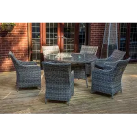 SH&G Tintagel 6 Seat Dining Table Set - 7 Piece Round Table & Chairs - Aluminium & Grey Rattan with Dark Grey Cushions - Outdoor