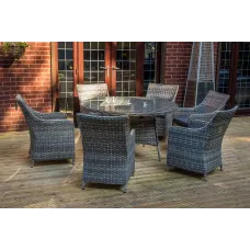 SH&G Tintagel 6 Seat Dining Table Set - 7 Piece Round Table & Chairs - Aluminium & Grey Rattan with Dark Grey Cushions - Outdoor
