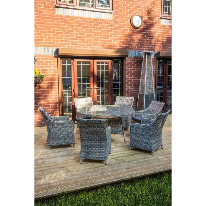 SH&G Tintagel 6 Seat Dining Table Set - 7 Piece Round Table & Chairs - Aluminium & Grey Rattan with Dark Grey Cushions - Outdoor