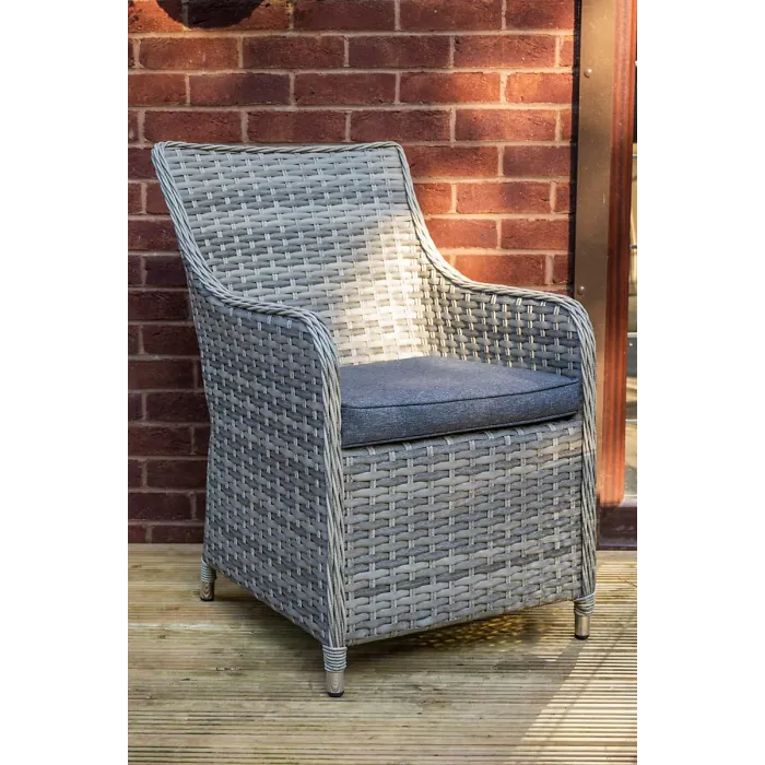 SH&G Tintagel 6 Seat Dining Table Set - 7 Piece Round Table & Chairs - Aluminium & Grey Rattan with Dark Grey Cushions - Outdoor