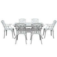SH&G Chirk 6 Seat Dining Table Set - 7 Piece Extendable Table & Chairs - White Aluminium & Cream Cushions - Indoor & Outdoor