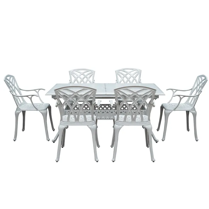 SH&G Chirk 6 Seat Dining Table Set - 7 Piece Extendable Table & Chairs - White Aluminium & Cream Cushions - Indoor & Outdoor