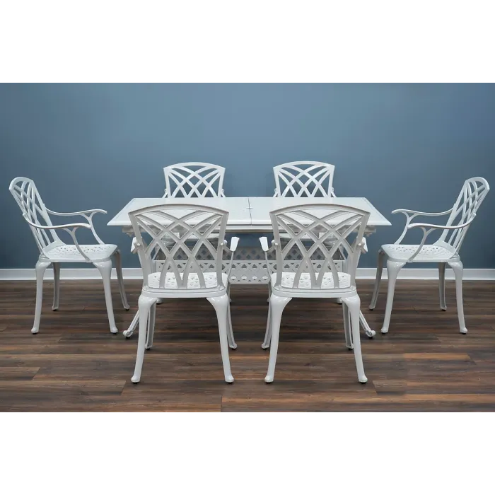 SH&G Chirk 6 Seat Dining Table Set - 7 Piece Extendable Table & Chairs - White Aluminium & Cream Cushions - Indoor & Outdoor