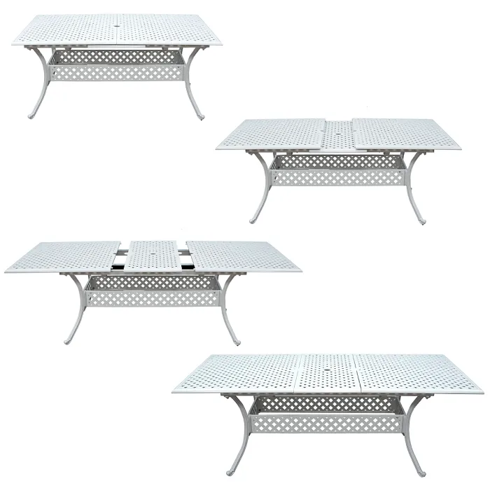 SH&G Chirk 6 Seat Dining Table Set - 7 Piece Extendable Table & Chairs - White Aluminium & Cream Cushions - Indoor & Outdoor
