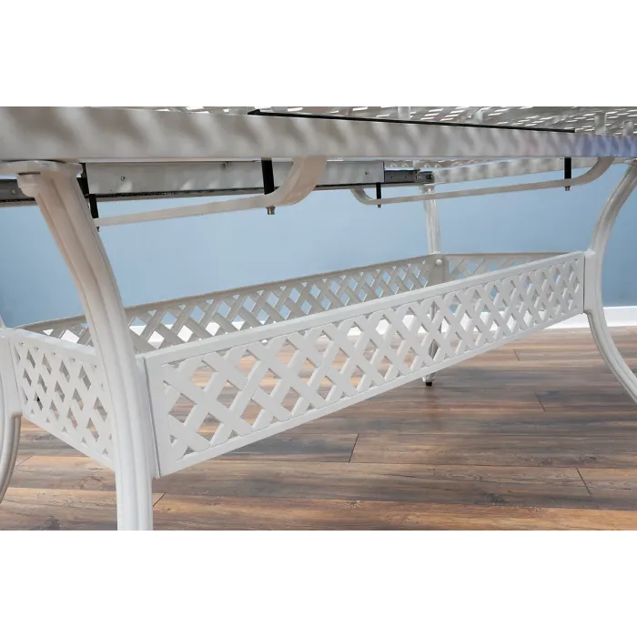 SH&G Chirk 6 Seat Dining Table Set - 7 Piece Extendable Table & Chairs - White Aluminium & Cream Cushions - Indoor & Outdoor