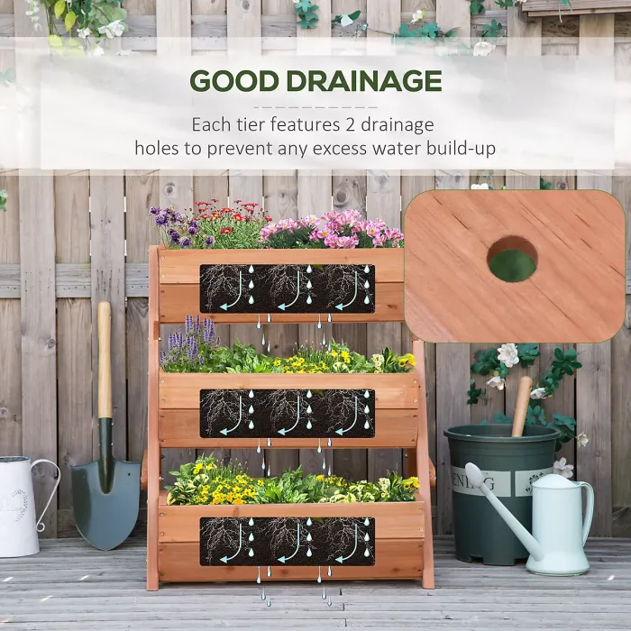 Outsunny 3 Tier Raised Garden Bed Wooden Elevated Planter Box Kit, Brown