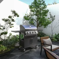 Outsunny 4 Burner Gas Grill Portable BBQ Trolley w/ 4 Wheels and Side Shelves