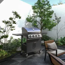 Outsunny 4 Burner Gas Grill Portable BBQ Trolley w/ 4 Wheels and Side Shelves