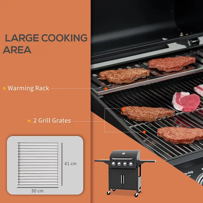 Outsunny 4 Burner Gas Grill Portable BBQ Trolley w/ 4 Wheels and Side Shelves