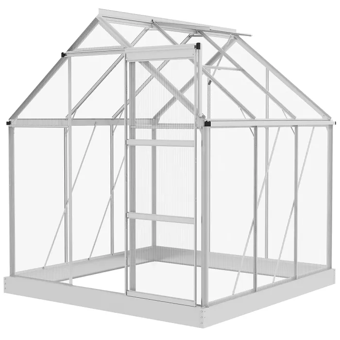 Outsunny 6 x 6ft Walk-In Polycarbonate Greenhouse with Foundation Window Silver