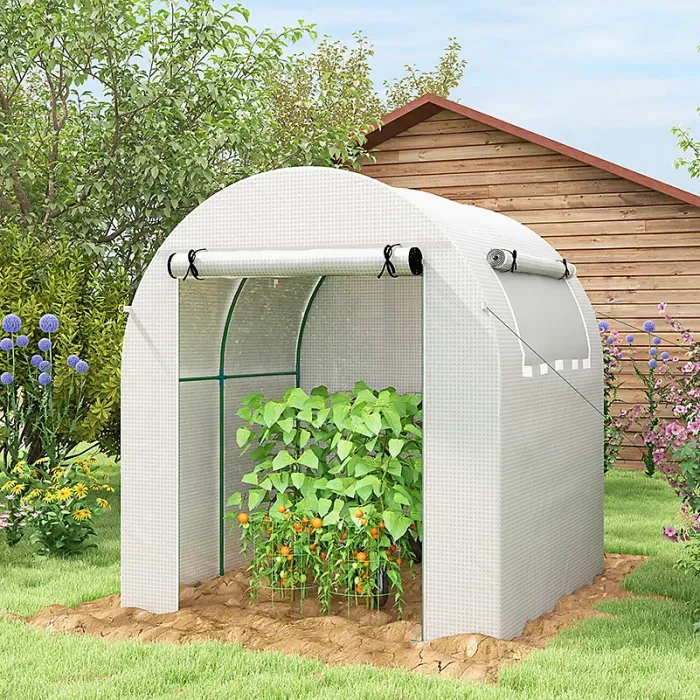 Outsunny Walk in Polytunnel Greenhouse with Roll-up Window and Door, White