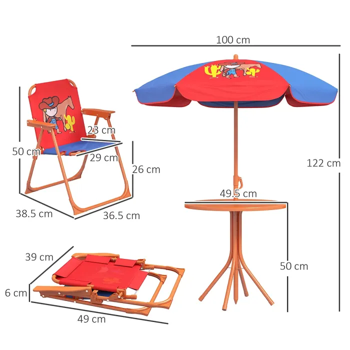 Outsunny Kids Bistro Table and Chair Set w/ Cowboy Theme, Adjustable Parasol