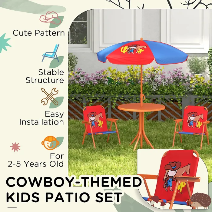 Outsunny Kids Bistro Table and Chair Set w/ Cowboy Theme, Adjustable Parasol