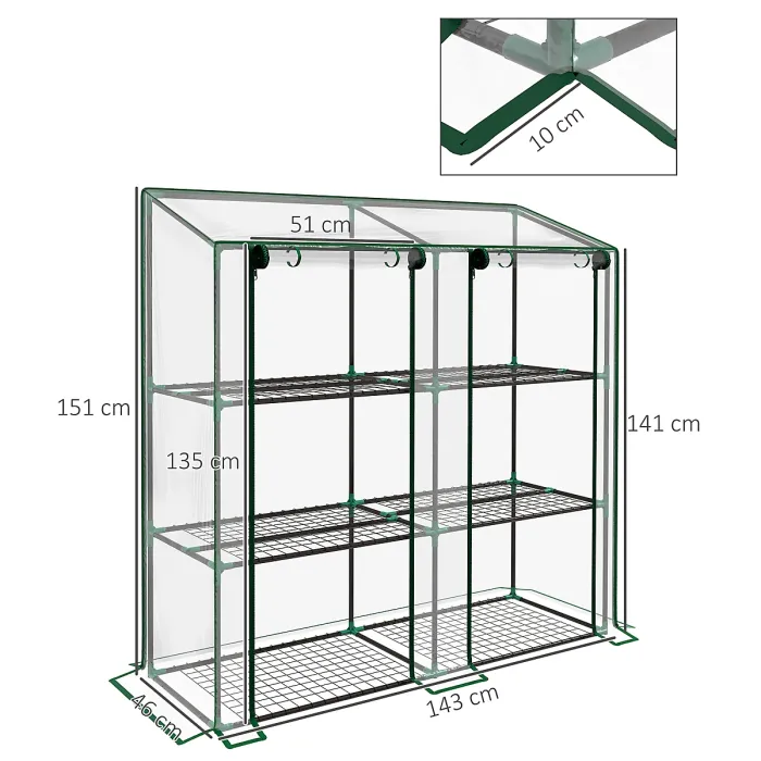 Outsunny Mini Green House with 3 Tier Shelves, 151H x 143W x 46Dcm, Clear