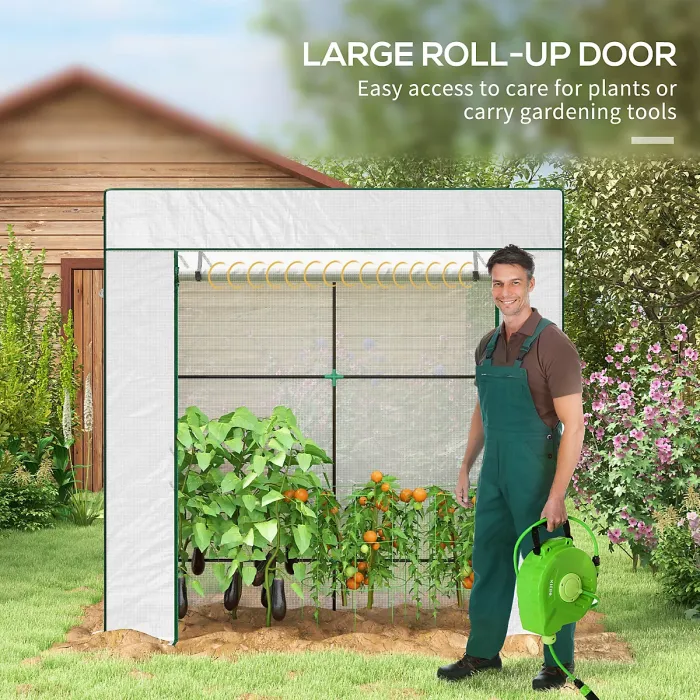 Walk-in Garden Green House with Large Roll-up Door and 2 Mesh Windows, White