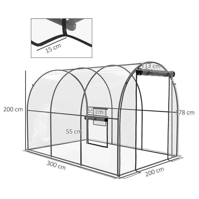 Outsunny 3 x 2 x 2m Polytunnel Greenhouse with Door, Windows, Steel Frame