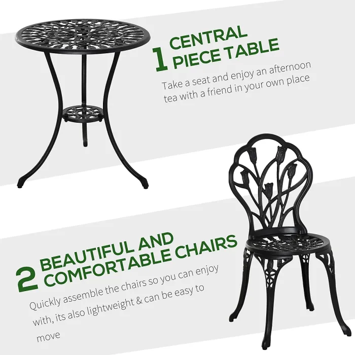 Outsunny 3 Piece Bistro Set, Aluminium Garden Furniture with Umbrella Hole