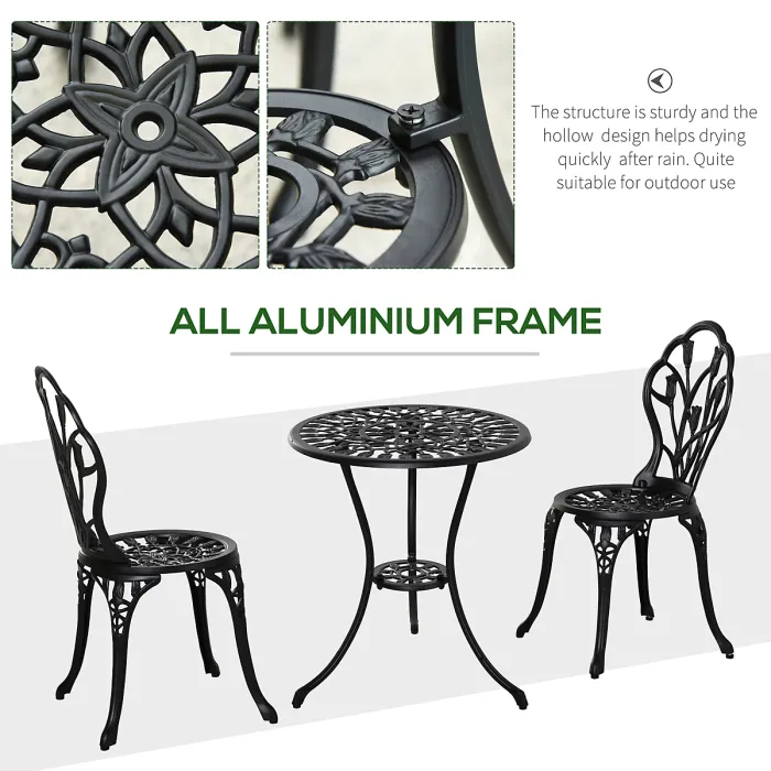 Outsunny 3 Piece Bistro Set, Aluminium Garden Furniture with Umbrella Hole