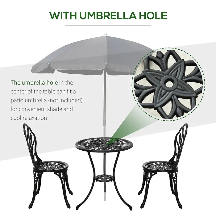 Outsunny 3 Piece Bistro Set, Aluminium Garden Furniture with Umbrella Hole