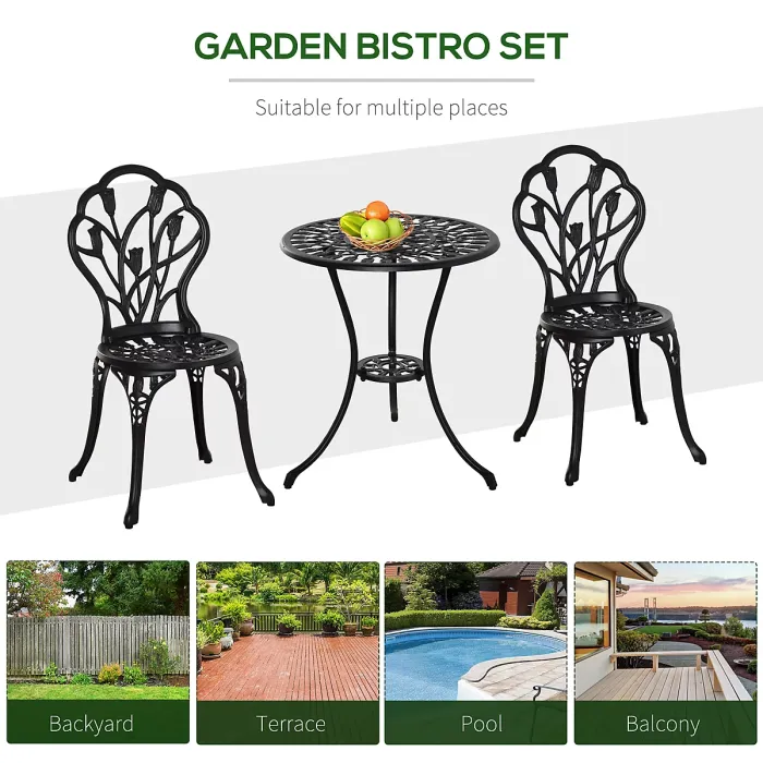 Outsunny 3 Piece Bistro Set, Aluminium Garden Furniture with Umbrella Hole