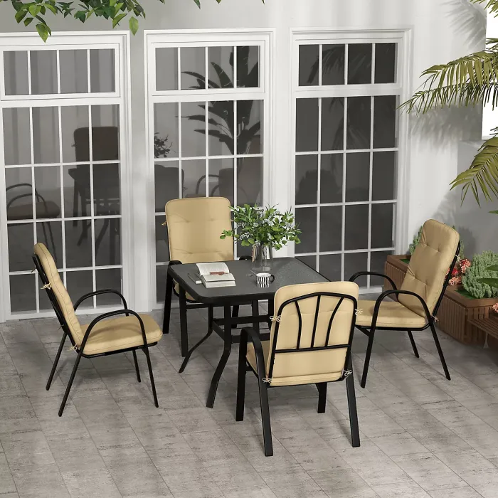 Outsunny Garden Dining Set, Glass Table w/ Umbrella Hole Beige