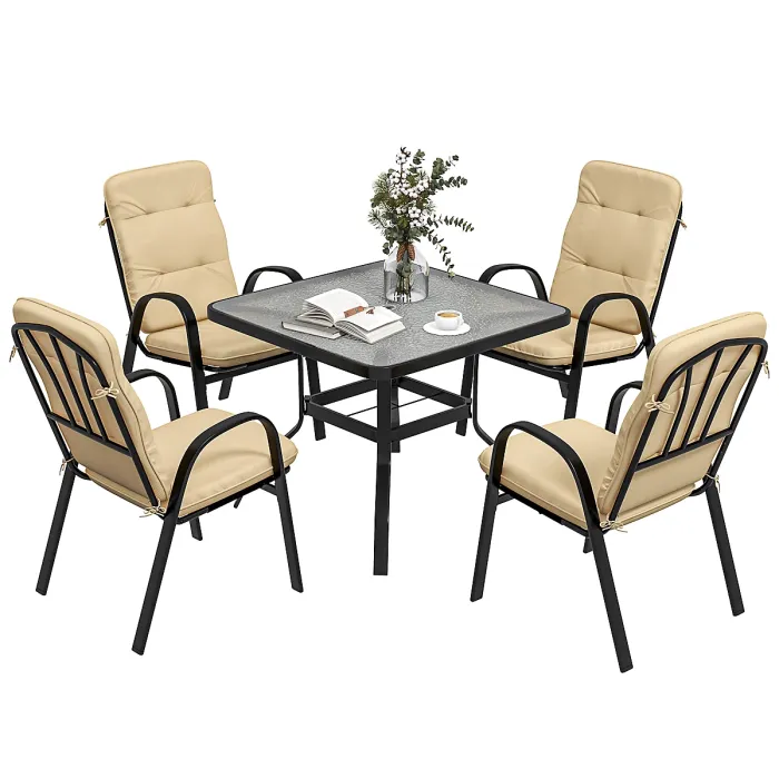 Outsunny Garden Dining Set, Glass Table w/ Umbrella Hole Beige
