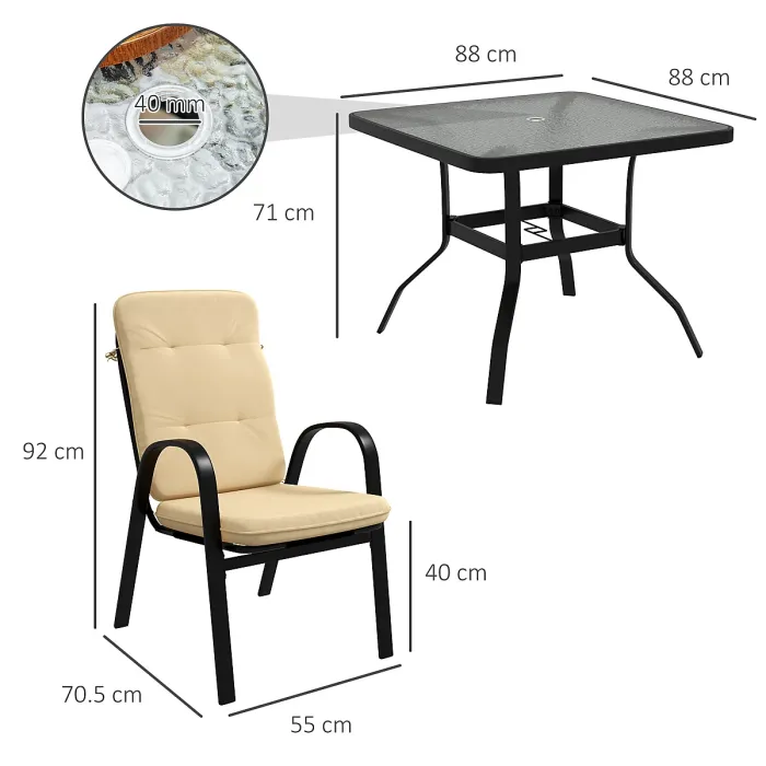 Outsunny Garden Dining Set, Glass Table w/ Umbrella Hole Beige