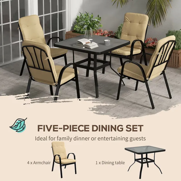 Outsunny Garden Dining Set, Glass Table w/ Umbrella Hole Beige