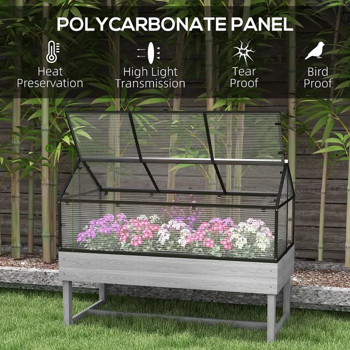 Outsunny Raised Garden Bed with Polycarbonate Panel, Distressed Grey