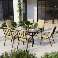 Outsunny 7 PCs Garden Dining Set w/ Umbrella Hole & Cushion, Beige