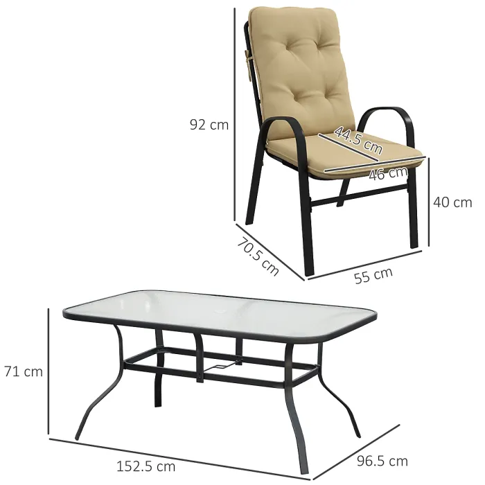 Outsunny 7 PCs Garden Dining Set w/ Umbrella Hole & Cushion, Beige