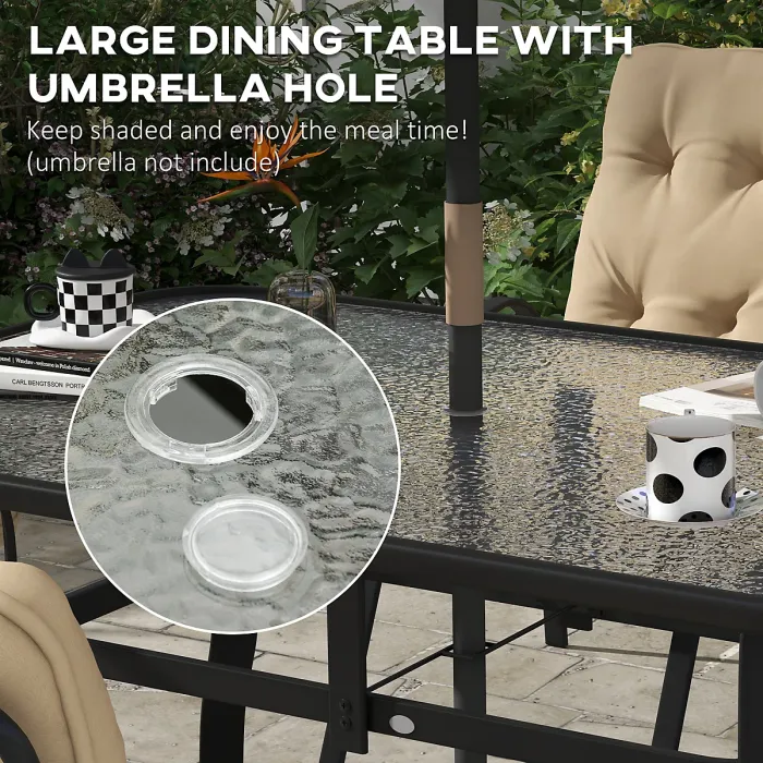 Outsunny 7 PCs Garden Dining Set w/ Umbrella Hole & Cushion, Beige