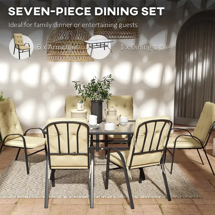 Outsunny 7 PCs Garden Dining Set w/ Umbrella Hole & Cushion, Beige