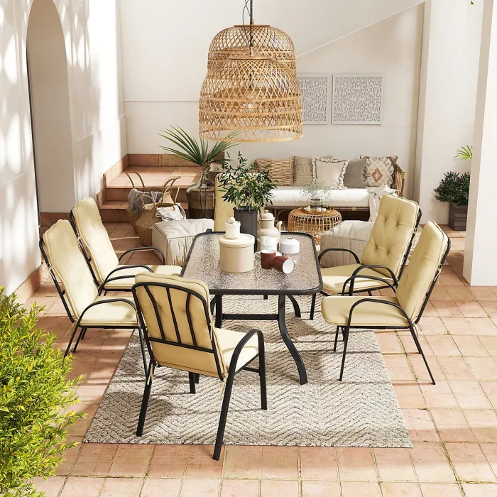 Outsunny 7 PCs Garden Dining Set w/ Umbrella Hole & Cushion, Beige