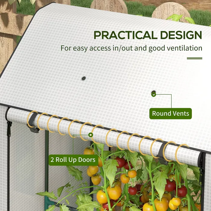 Outsunny Mini Greenhouse with Shelves and Roll Up Door, 100x80x150cm, White