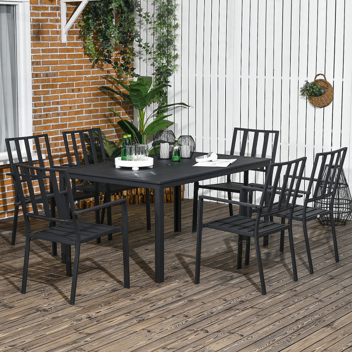 Outsunny 7 PCs Garden Dining Set w/ Stackable Chairs and Metal Top Table, Black