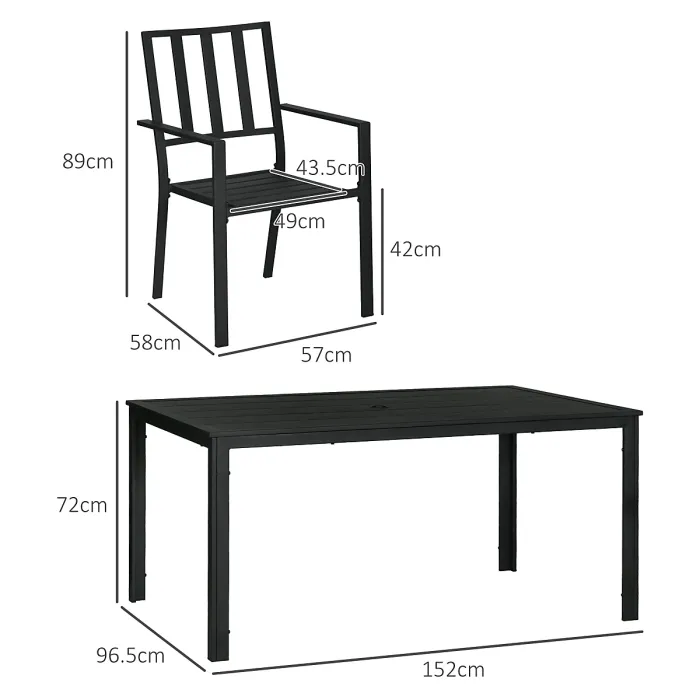 Outsunny 7 PCs Garden Dining Set w/ Stackable Chairs and Metal Top Table, Black