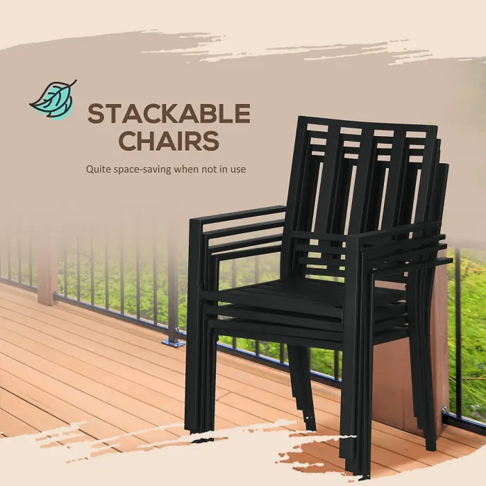 Outsunny 7 PCs Garden Dining Set w/ Stackable Chairs and Metal Top Table, Black