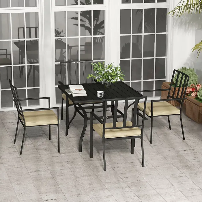 Outsunny Garden Dining Set w/ 4 Stackable Cushioned Chairs and Metal Top Table