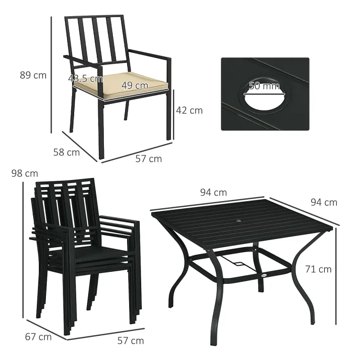 Outsunny Garden Dining Set w/ 4 Stackable Cushioned Chairs and Metal Top Table