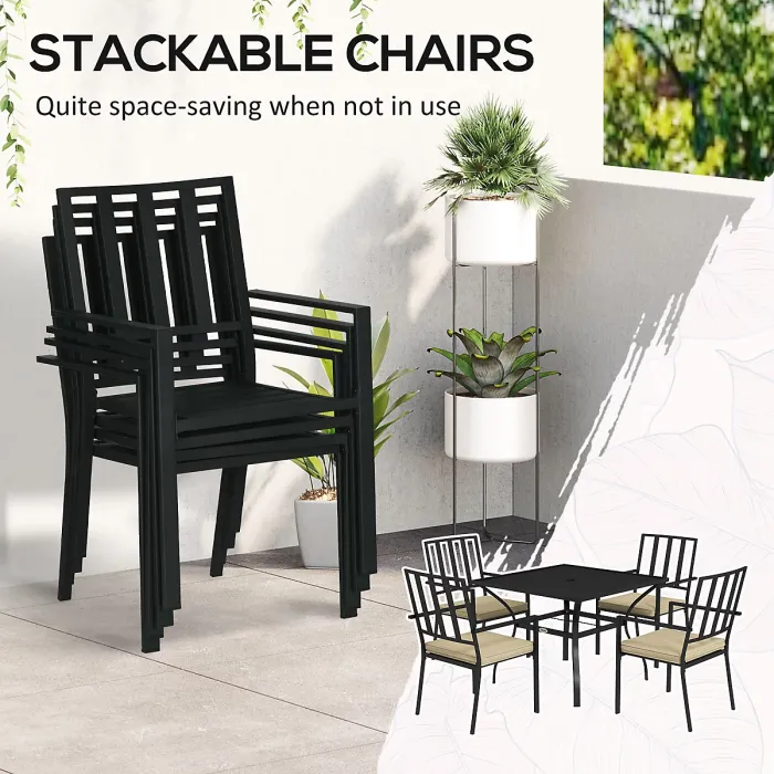 Outsunny Garden Dining Set w/ 4 Stackable Cushioned Chairs and Metal Top Table
