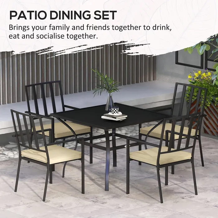 Outsunny Garden Dining Set w/ 4 Stackable Cushioned Chairs and Metal Top Table