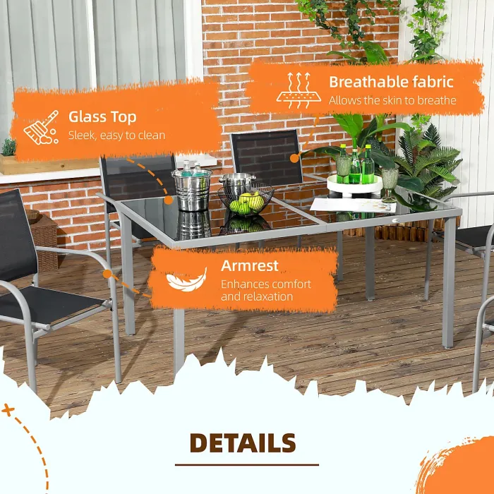 Outsunny 7 Piece Garden Dining Set, Steel Outdoor Table and Chairs, Black