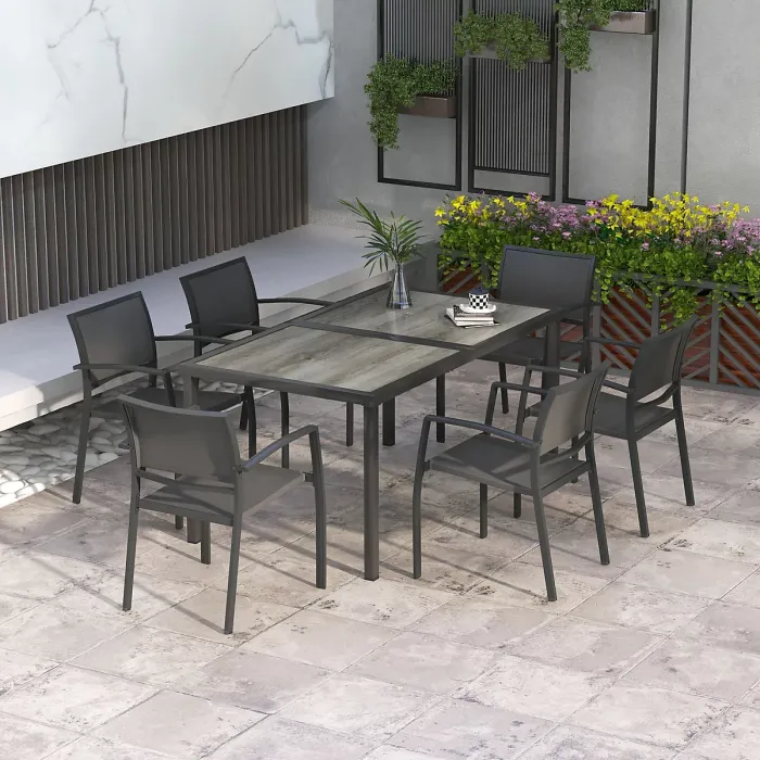 Outsunny 7 Pieces Patio Dining Set with 6 Stackable Chairs for Poolside, Grey