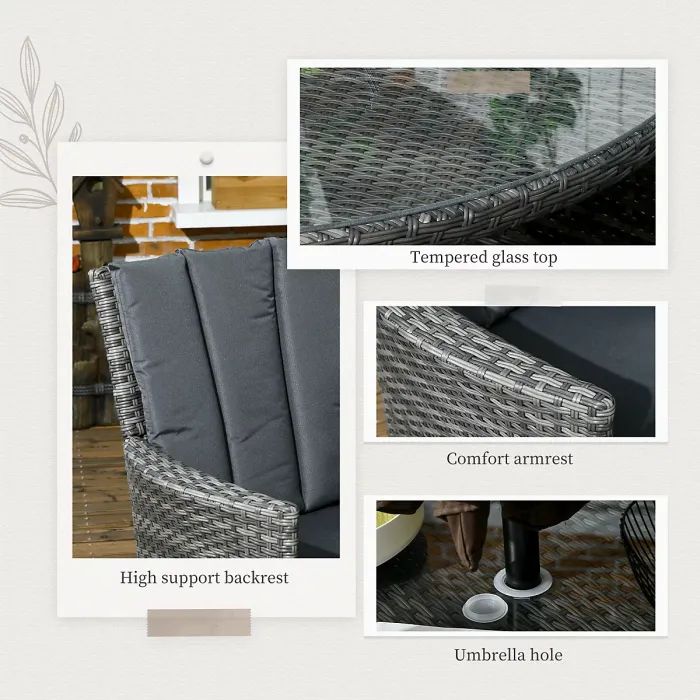 Outsunny 6 Seater Rattan Outdoor Dining Set with Cushions, Mixed Grey