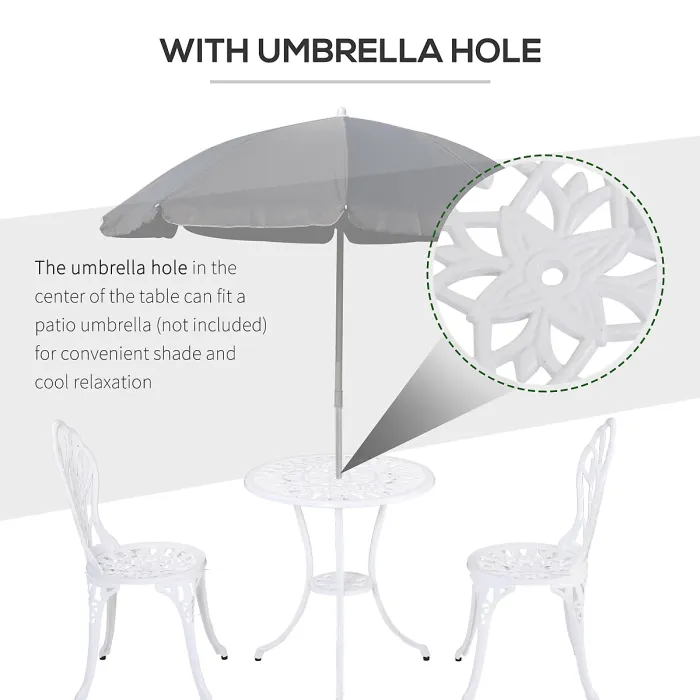 Outsunny 3 Piece Bistro Set, Aluminium Garden Furniture with Umbrella Hole