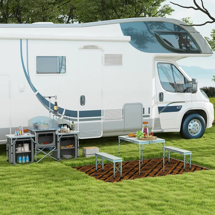 Outsunny Camping Picnic Table and 2 Benches Folding Aluminium Garden Table Set