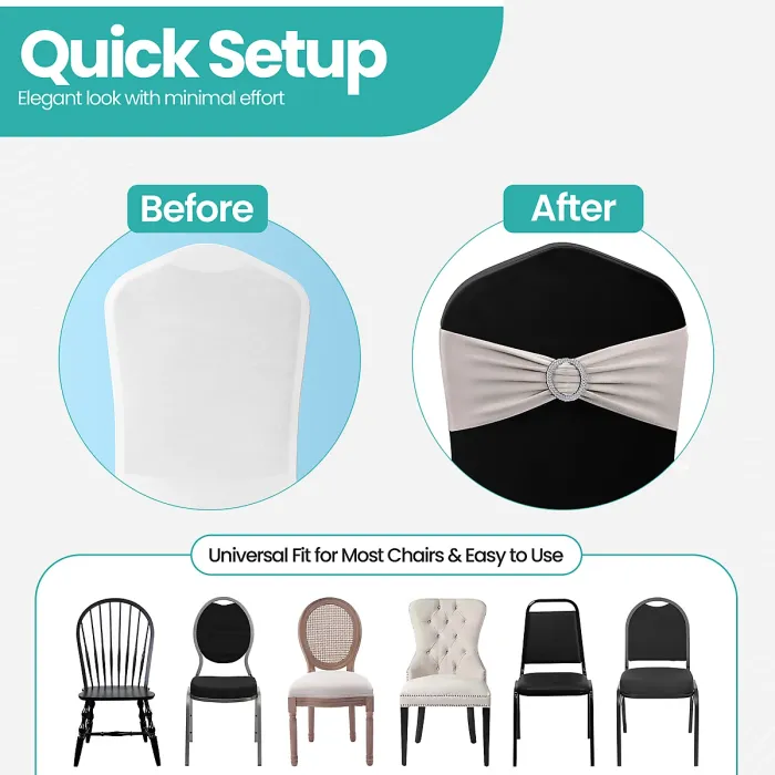 Silver Spandex Chair Band with Slider Buckle Stretchy Chair Band Sash, 1pc