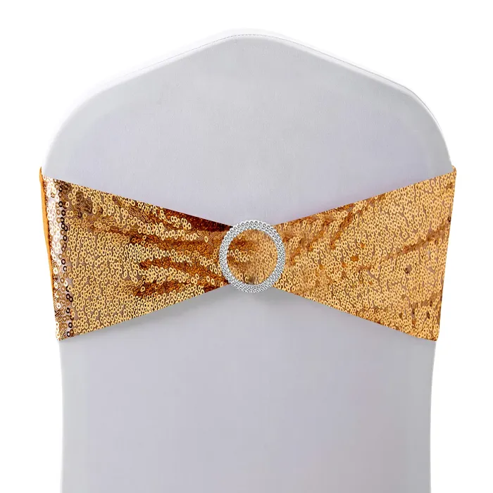 Gold Sequin Chair Band with Slider Buckle Stretchy Chair Band Sash, Pack of 1